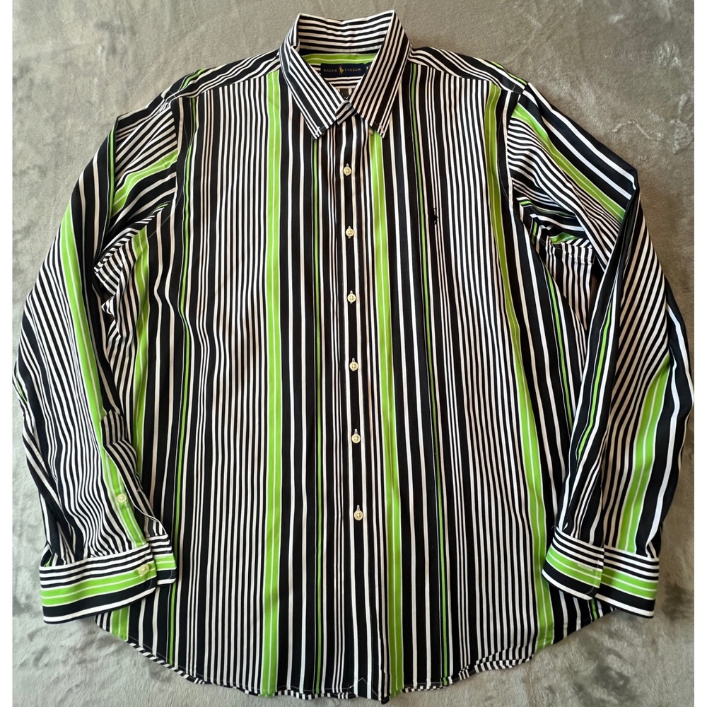 Ralph Lauren Button Down Shirt Mens XXL Black White Green Striped Long Sleeve